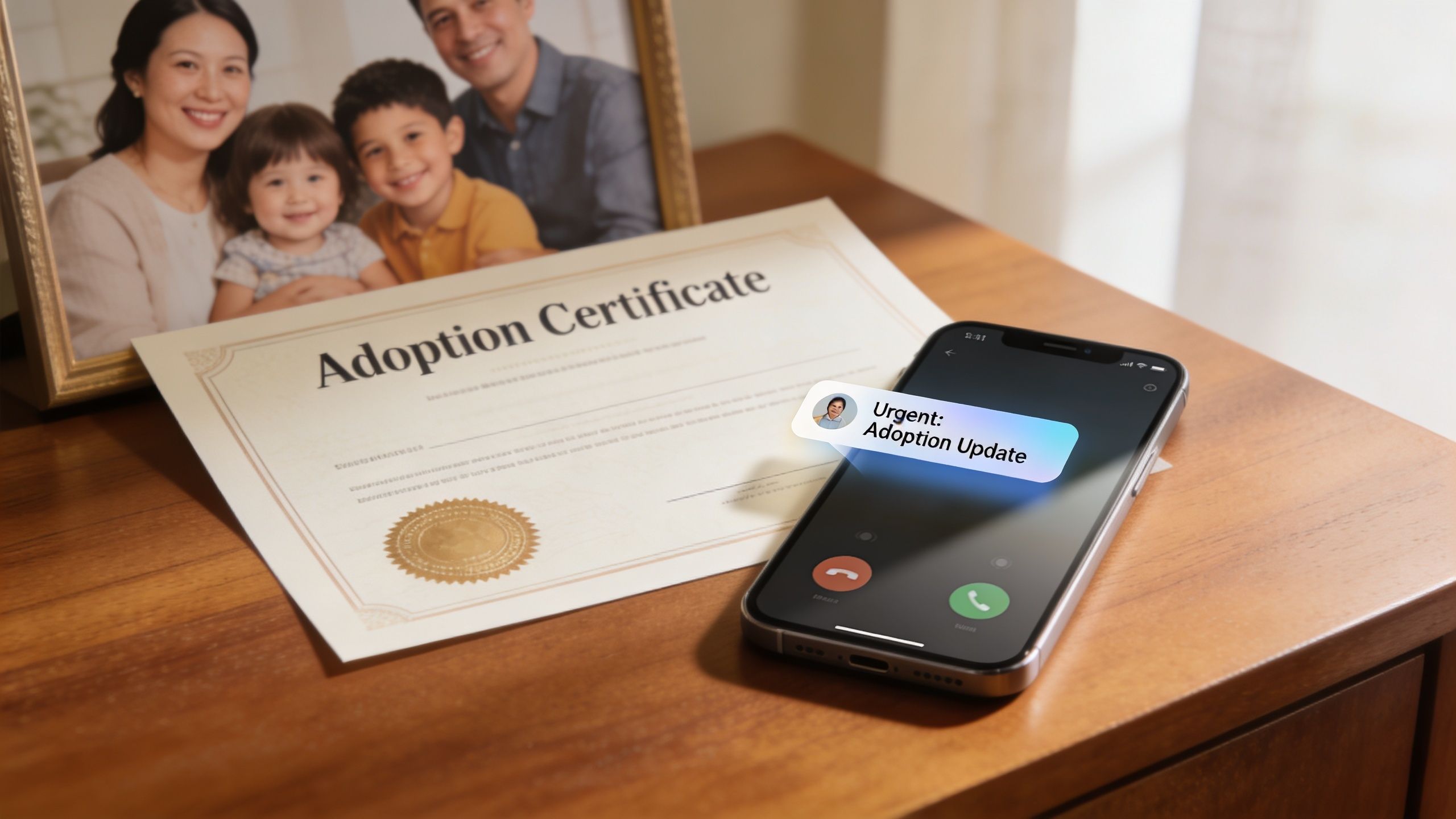 An adoption certificate sits on a wooden table next to a smartphone displaying an urgent call notification.