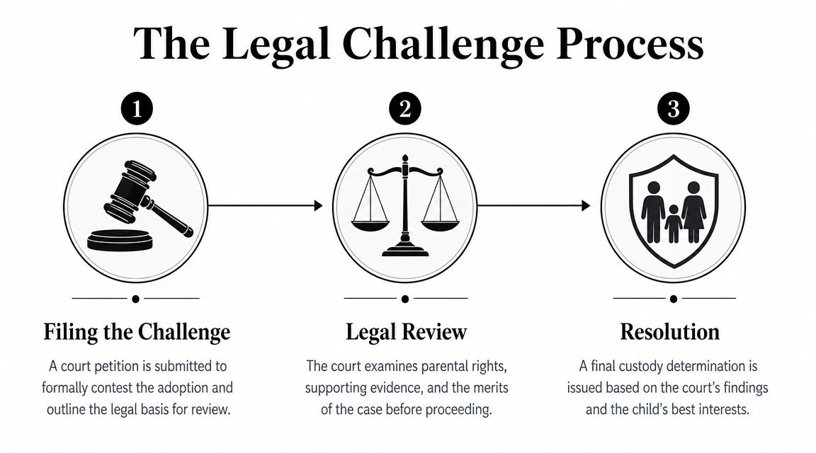 A diagram outlining the three steps of the legal challenge process regarding adoption and child custody.