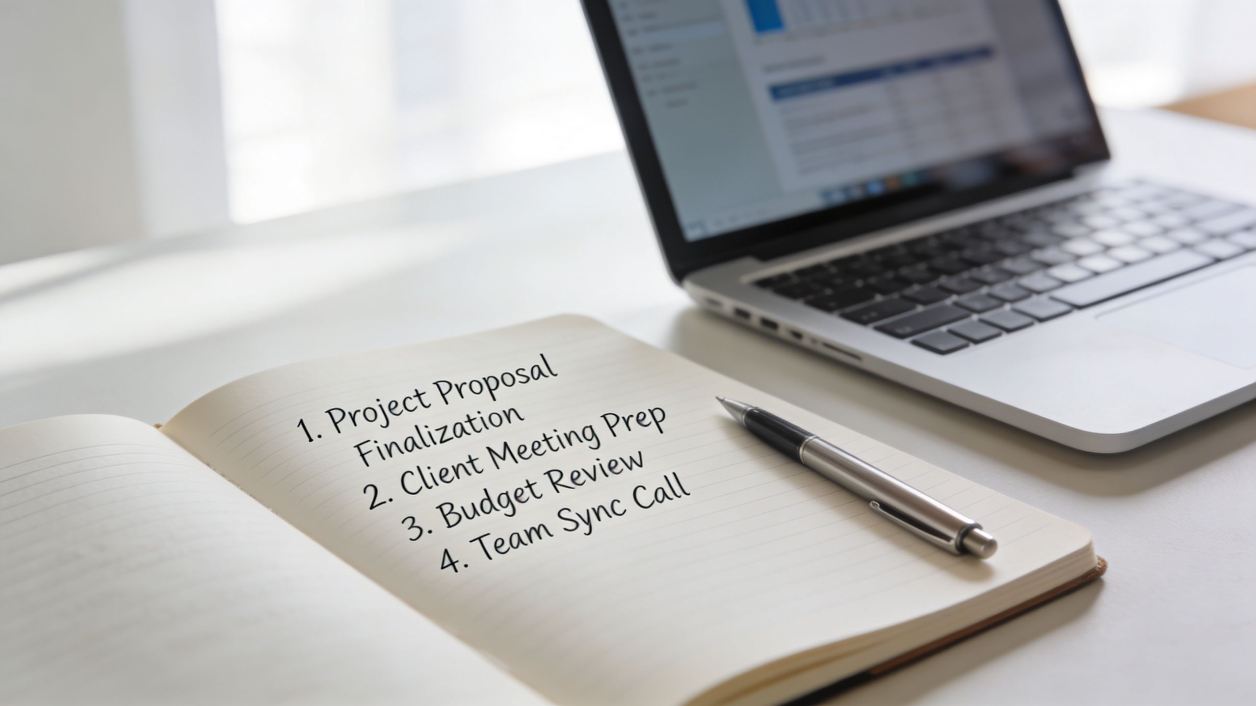 A list of business tasks written in a notebook next to a laptop on a desk.