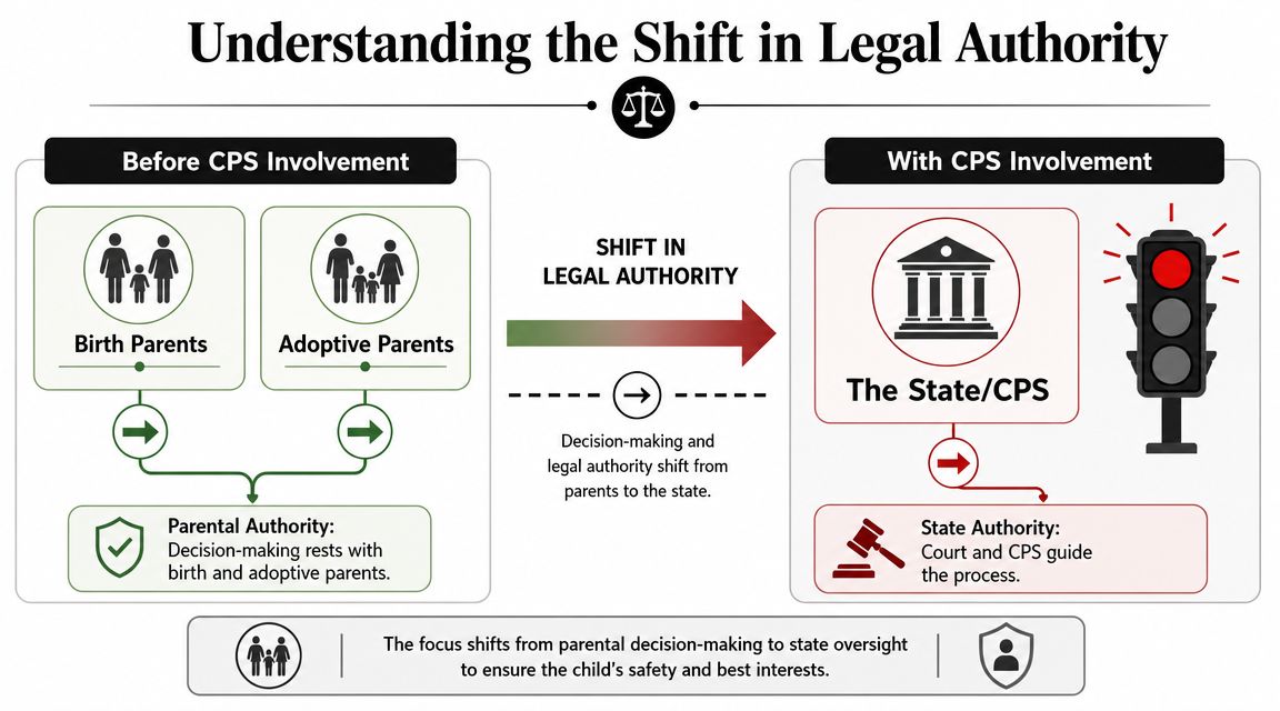 A diagram illustrating how legal authority shifts from birth and adoptive parents to state CPS oversight.