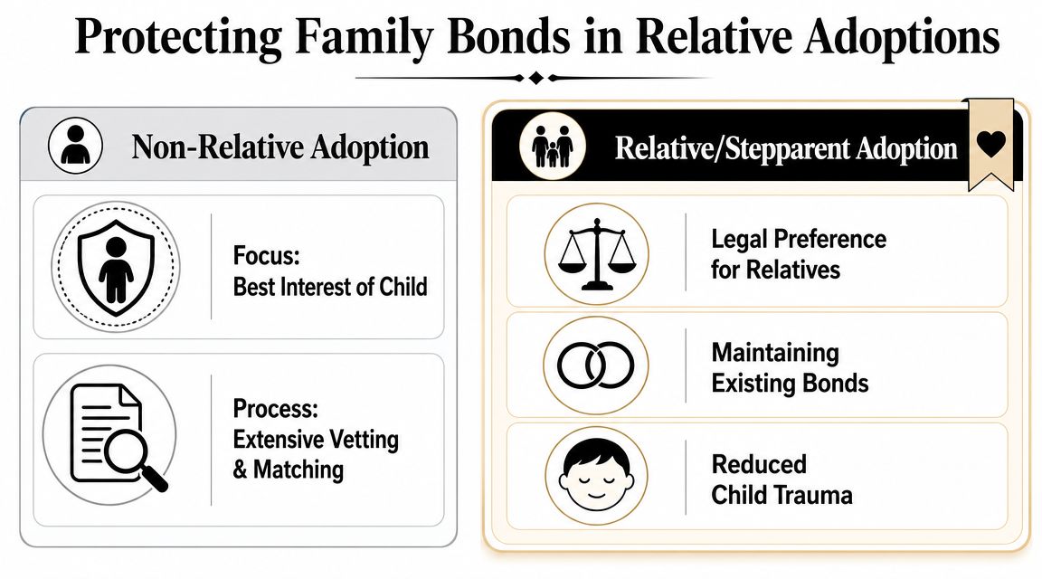 A comparison chart showing differences between non-relative and relative stepparent adoption, emphasizing the protection of family bonds.
