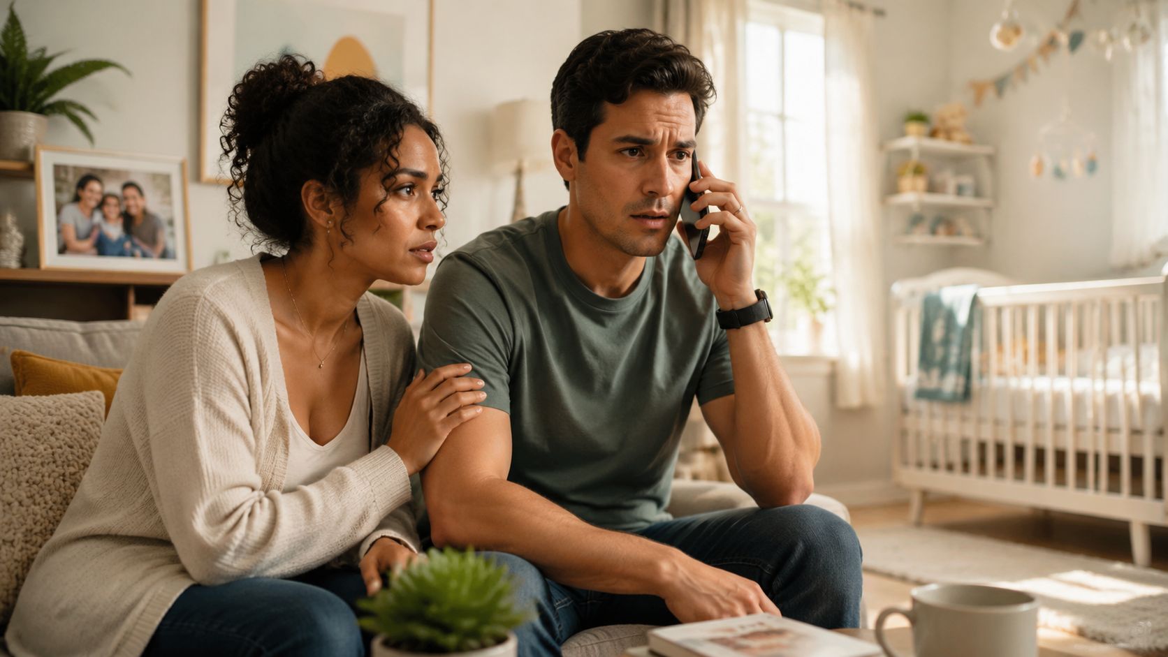 A worried couple sitting on a couch while the man talks on the phone, conveying stress and anxiety.
