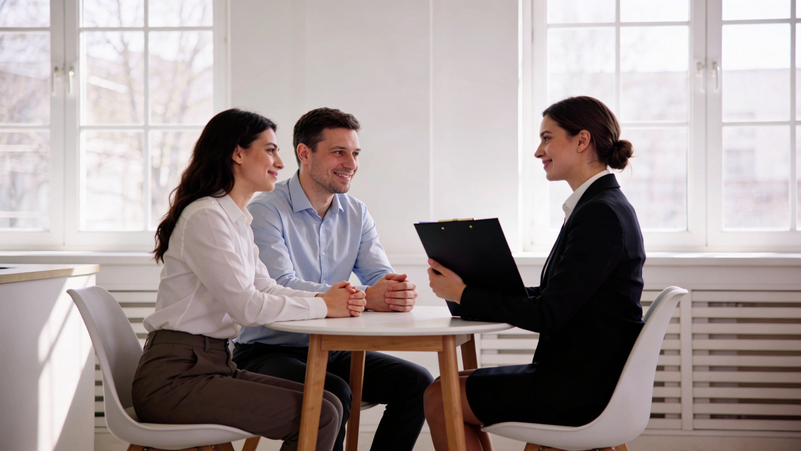 A professional advisor sitting at a table discussing adoption documents with a smiling young couple.