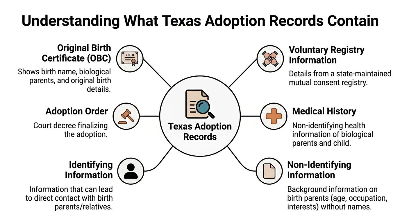 An infographic titled Understanding What Texas Adoption Records Contain with six descriptive categories regarding adoption documentation.