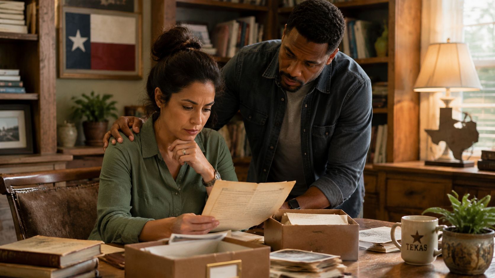 A couple sits at a wooden table reviewing old documents from a storage box in a library.