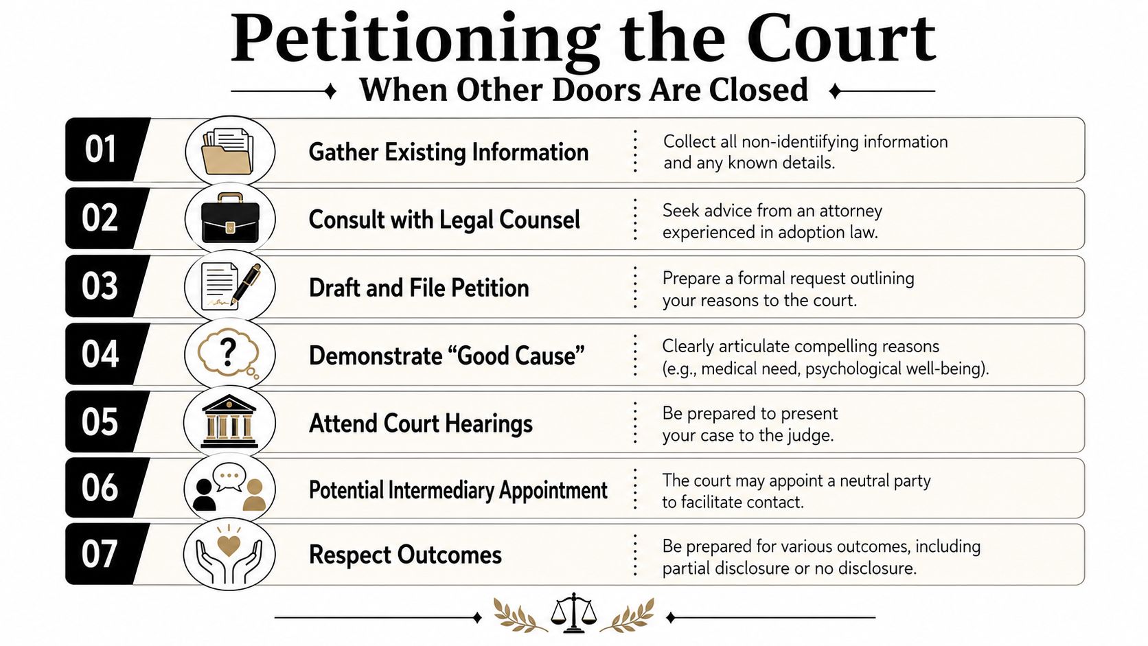 A step-by-step infographic titled Petitioning the Court outlining the seven-stage legal process for accessing adoption records.
