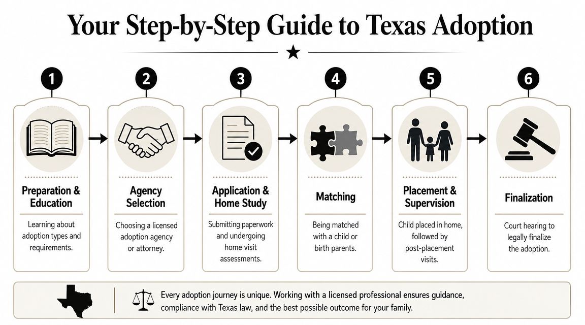 A six-step infographic detailing the legal process for adoption in the state of Texas.