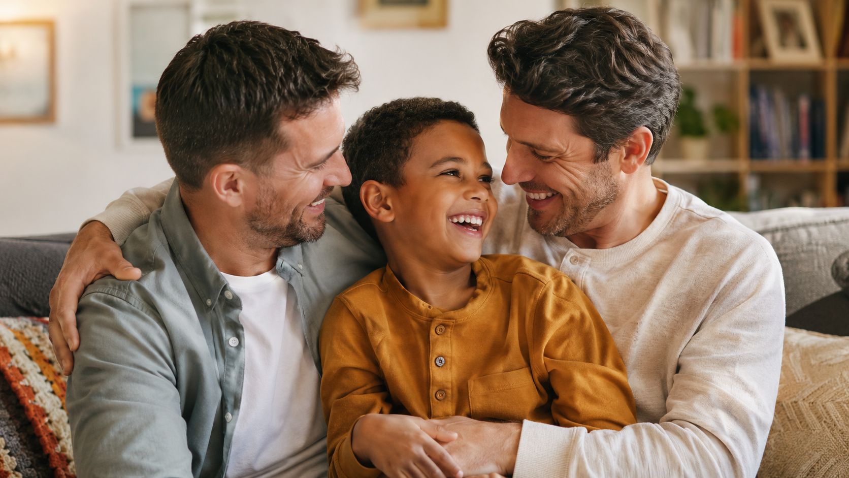 A happy family of two fathers sitting on a couch with their young adopted son laughing together.