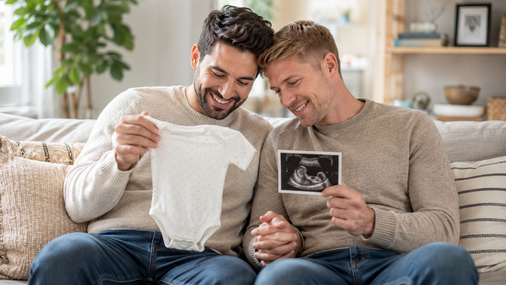 A happy gay couple sitting on a couch while holding a baby onesie and a sonogram.