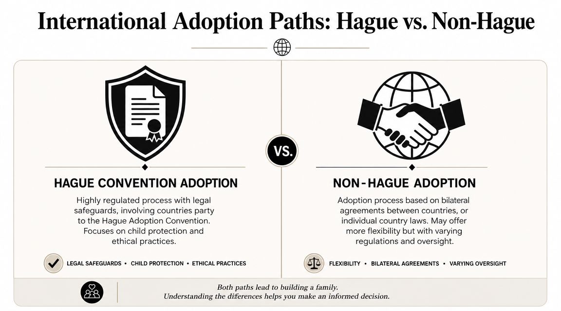 An infographic comparing the Hague Convention and Non-Hague processes for international adoption of children.