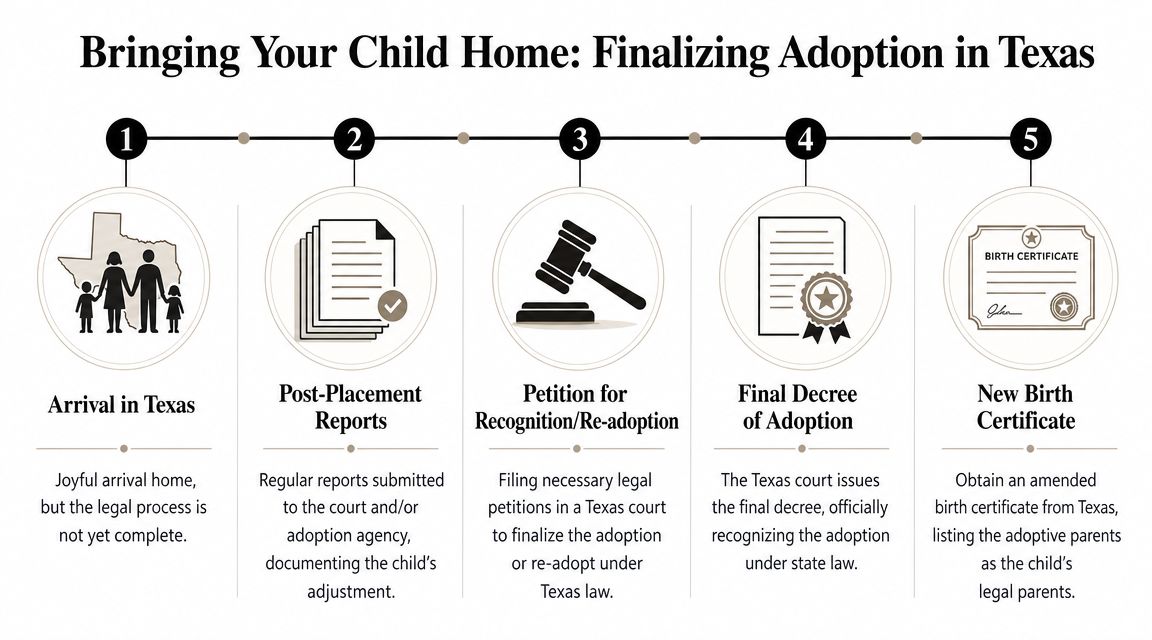 A five-step infographic detailing the legal process for finalizing an international adoption in Texas.