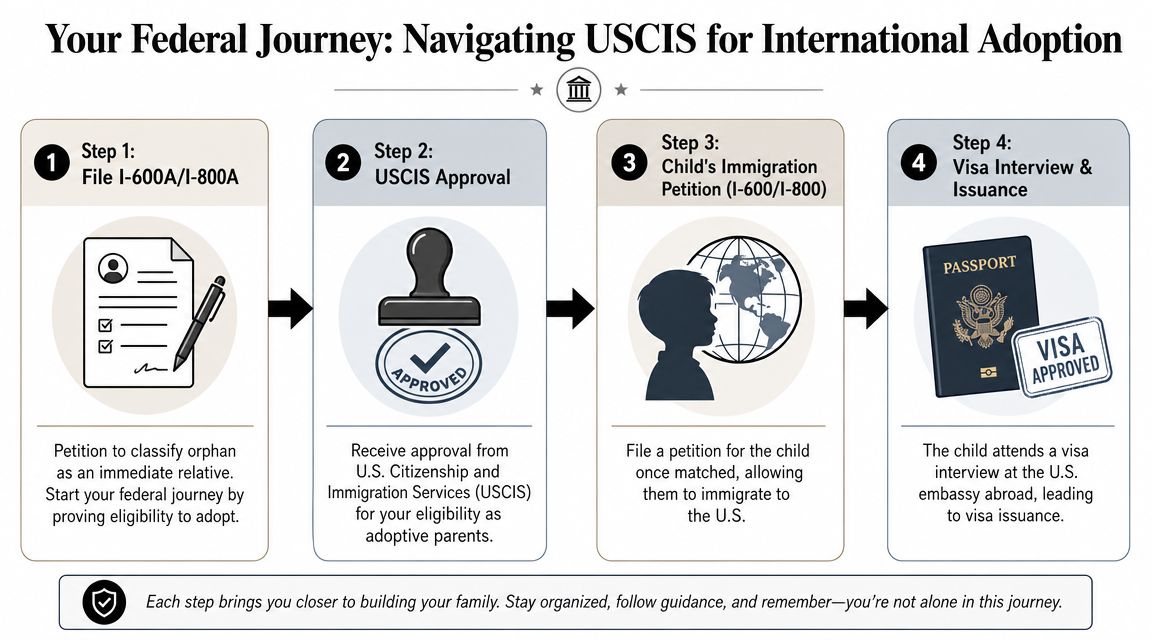 A four-step infographic illustrating the U.S. federal process for international adoption through the USCIS.
