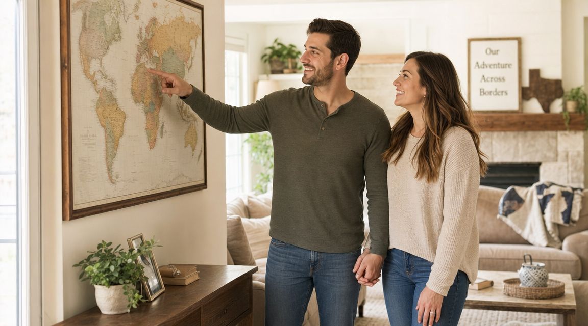 A smiling couple holding hands and looking at a large world map hanging on their living room wall.