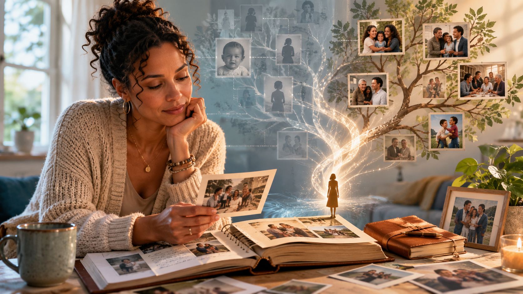 A woman looks through a photo album while a digital family tree illuminates from the pages.
