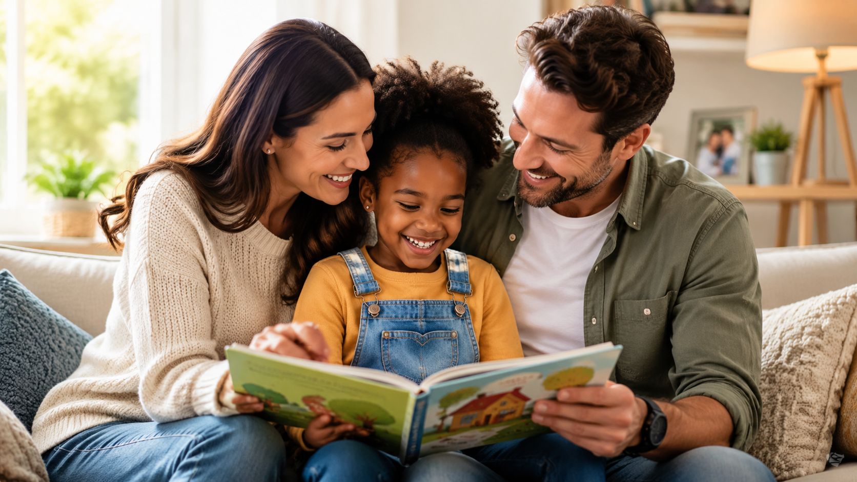 A happy multicultural family reading a book together while sitting comfortably on a sofa at home.