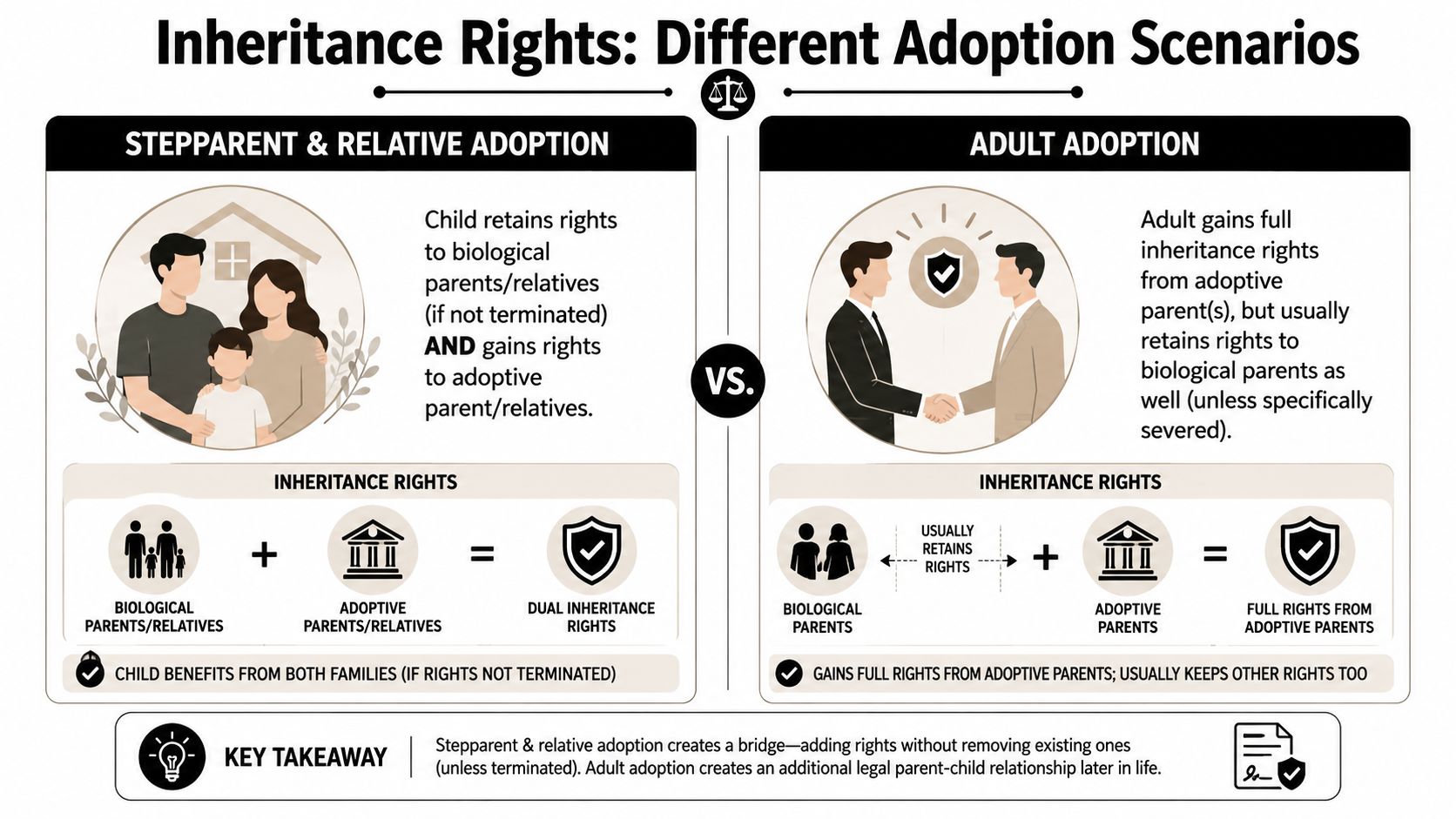 An infographic comparing inheritance rights between stepparent, relative adoption, and adult adoption scenarios in a legal context.