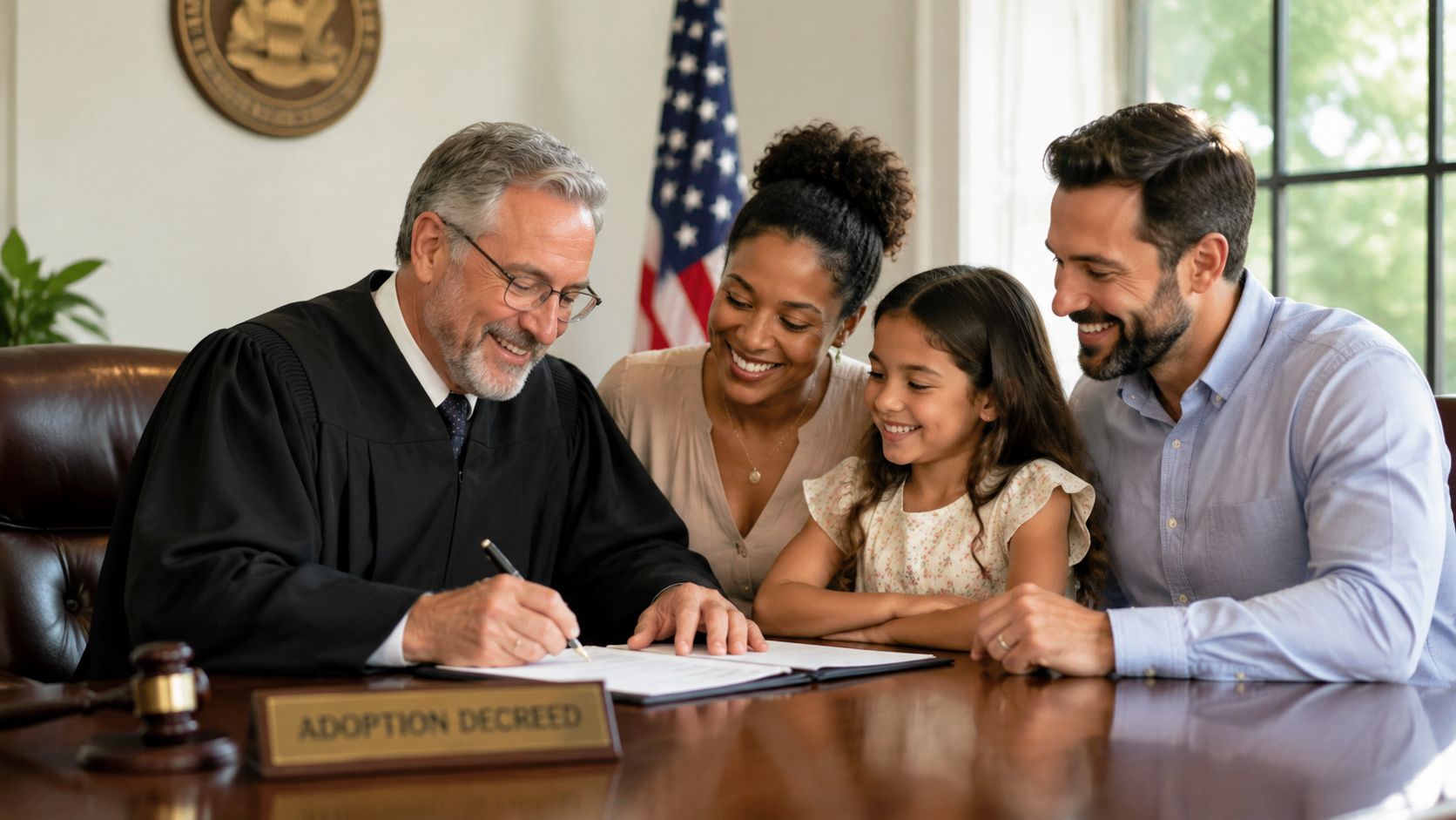A judge smiles while signing legal adoption papers with a happy family in a courtroom.