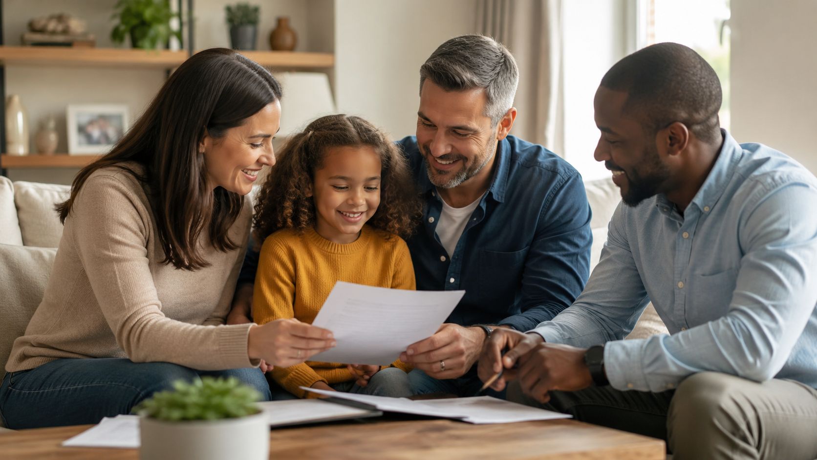 A diverse family of four happily reviewing legal documents together in their comfortable living room.