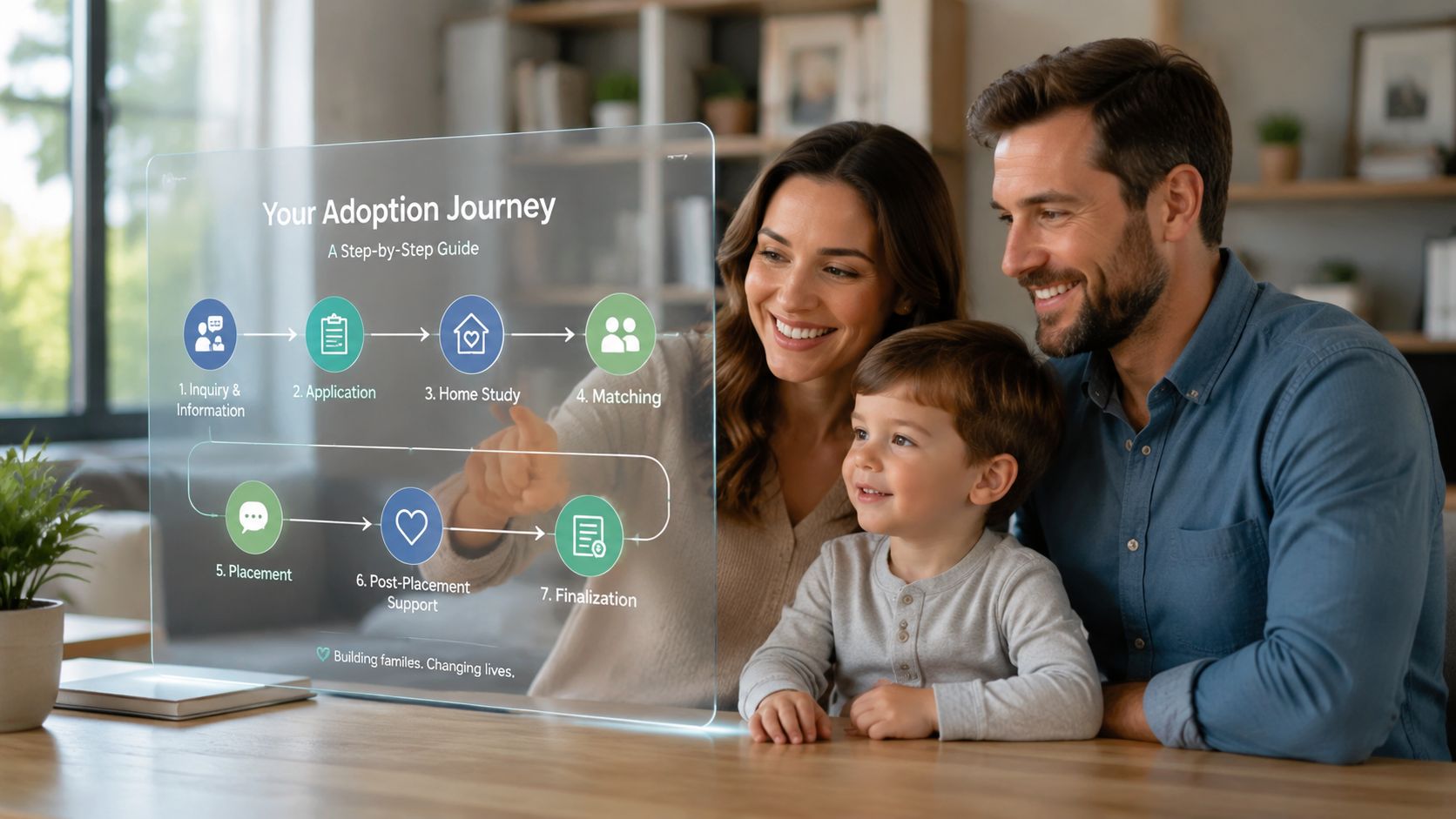 A happy family viewing a transparent digital interface outlining the step-by-step process of their adoption journey.