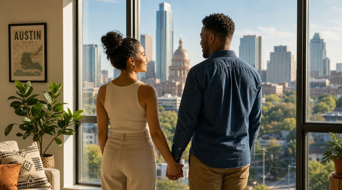 A couple holds hands while looking out of a window at the Austin Texas skyline cityscape.
