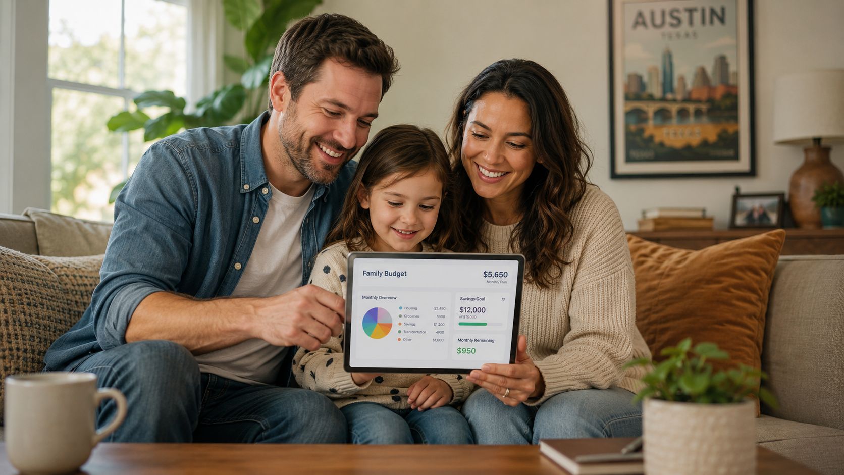 A happy family of three reviewing a digital family budget plan together on a tablet in their living room.