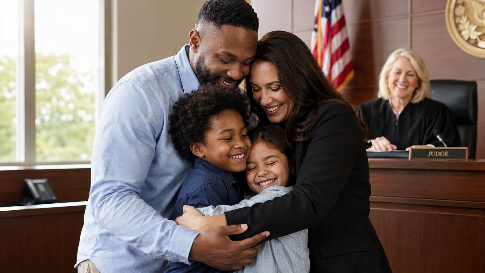 A happy diverse family embracing inside a courtroom as a smiling judge watches them from behind the bench.
