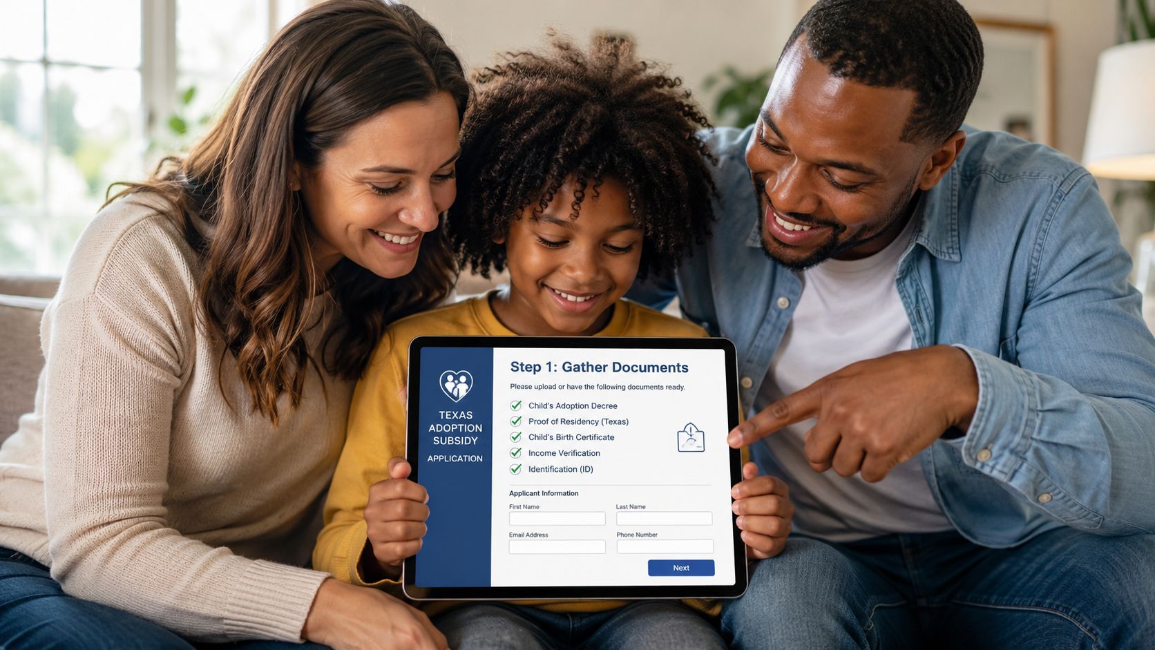 A happy diverse family looks at a tablet displaying a Texas adoption subsidy application form.