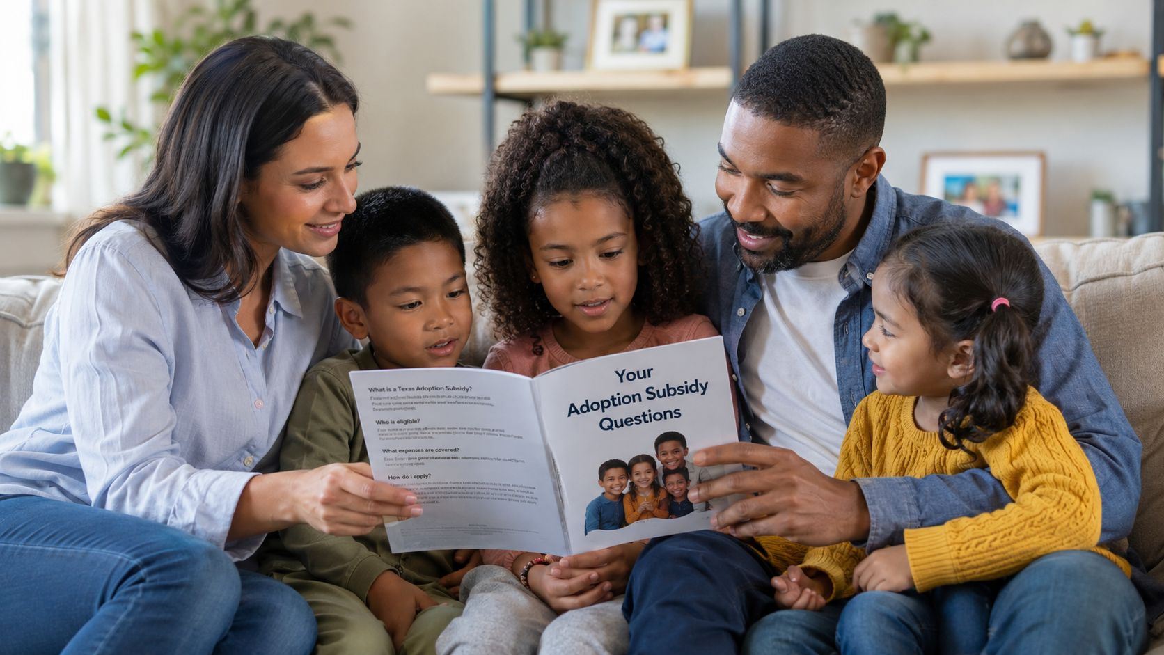 A diverse family of five sitting on a sofa while reading a Texas adoption subsidy brochure together.