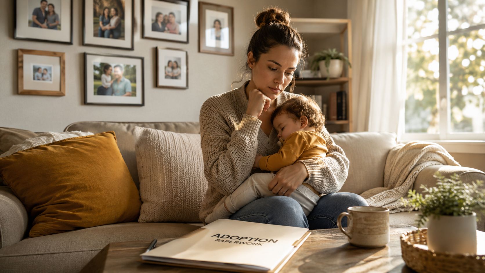 A mother sitting on a couch holding her sleeping baby while looking at adoption paperwork.