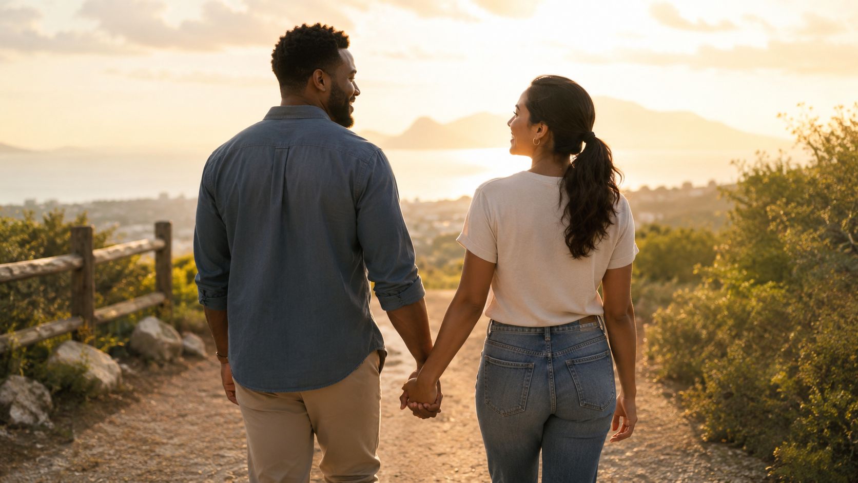 A happy couple holding hands and walking together on a trail during a beautiful golden sunset.