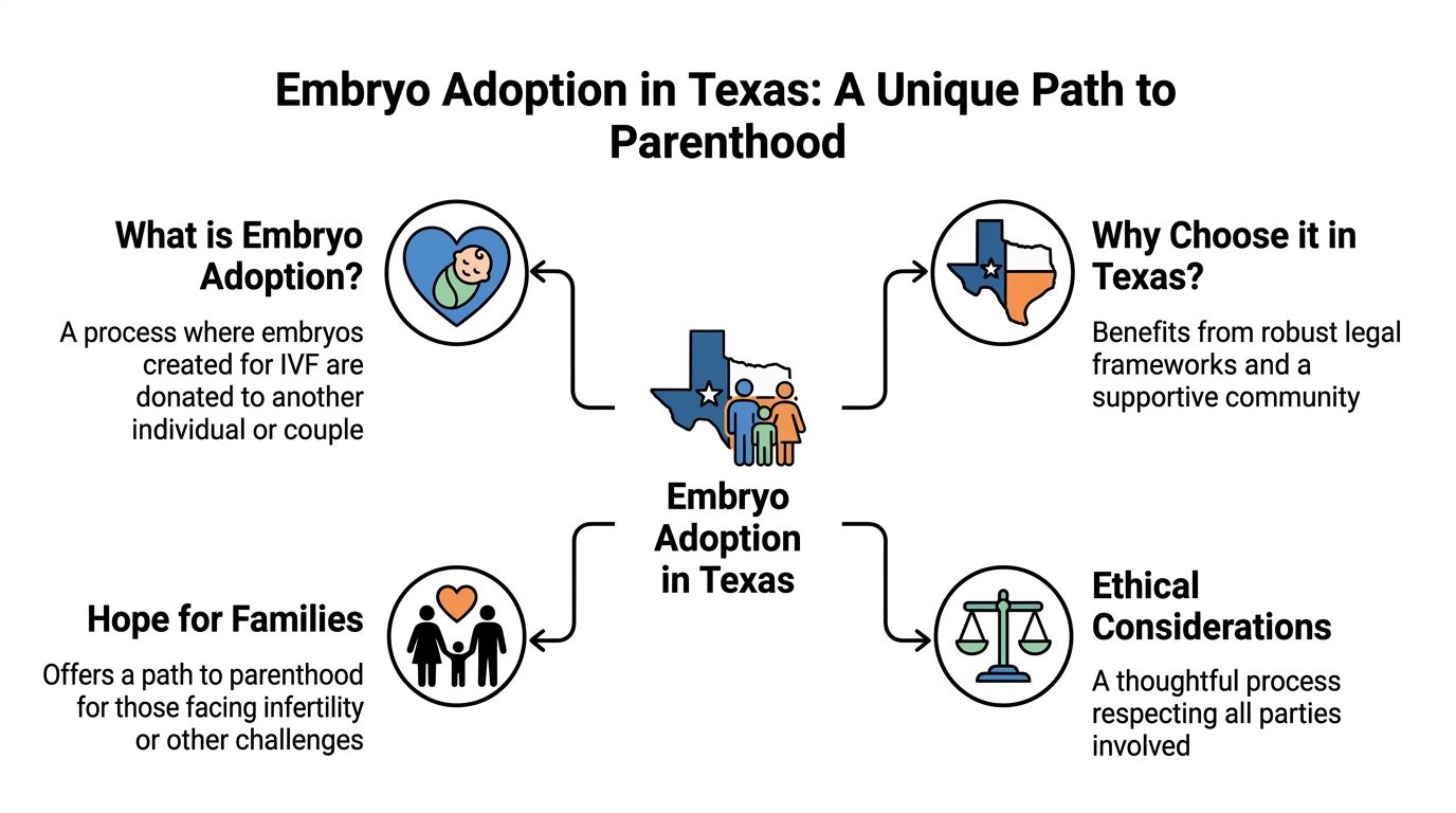 An infographic titled Embryo Adoption in Texas explaining the process, benefits, hope, and ethical considerations.