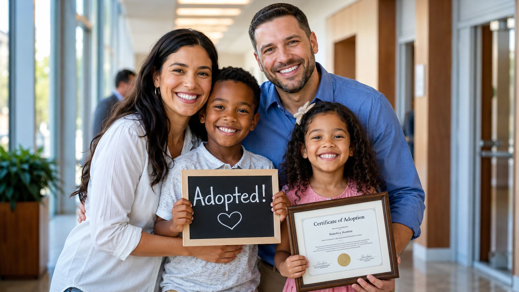 A happy multi-ethnic family smiling while holding an Adopted sign and a certificate of adoption.