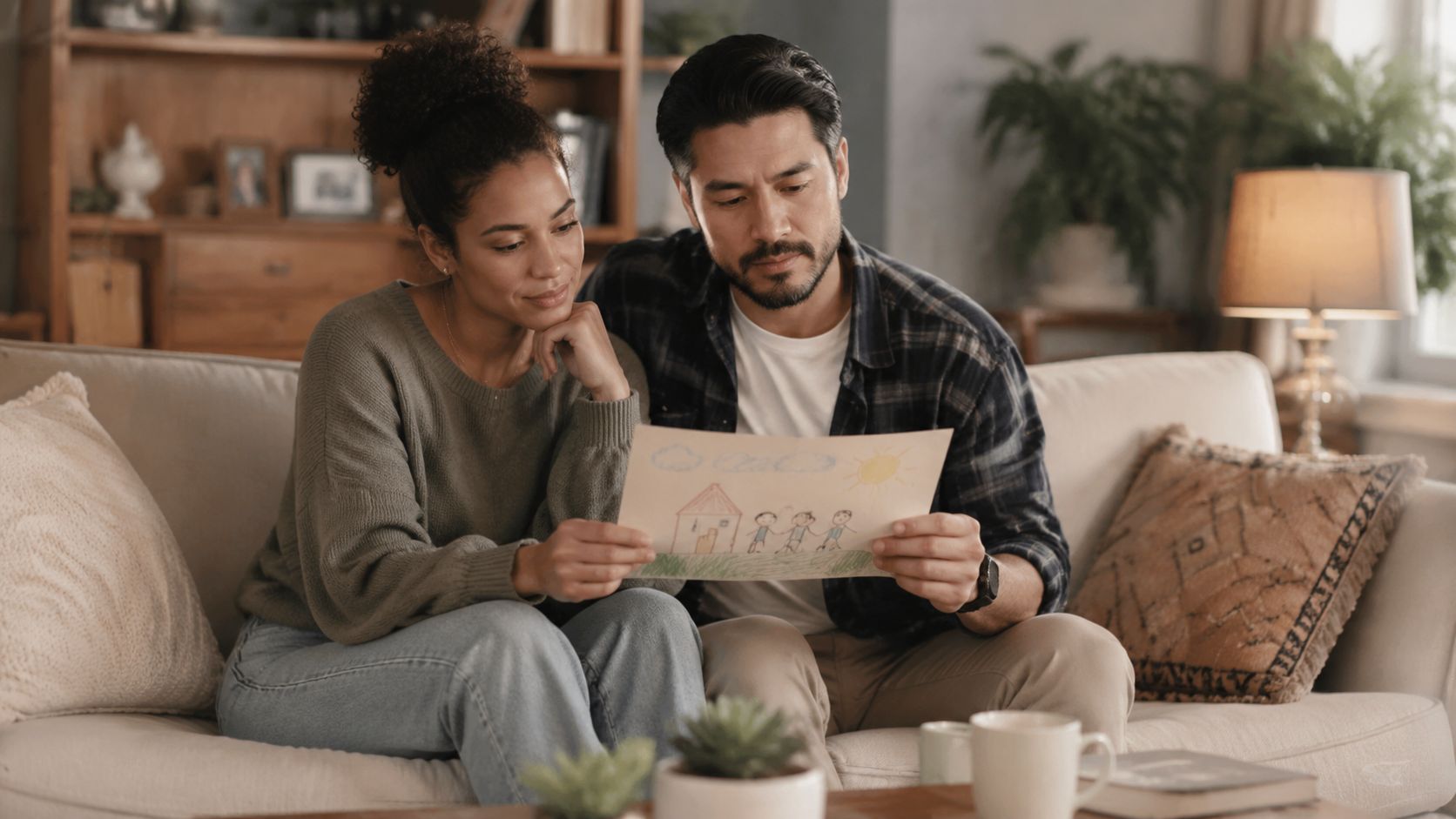 A happy couple sitting on a sofa looking at a child's drawing of a family home.