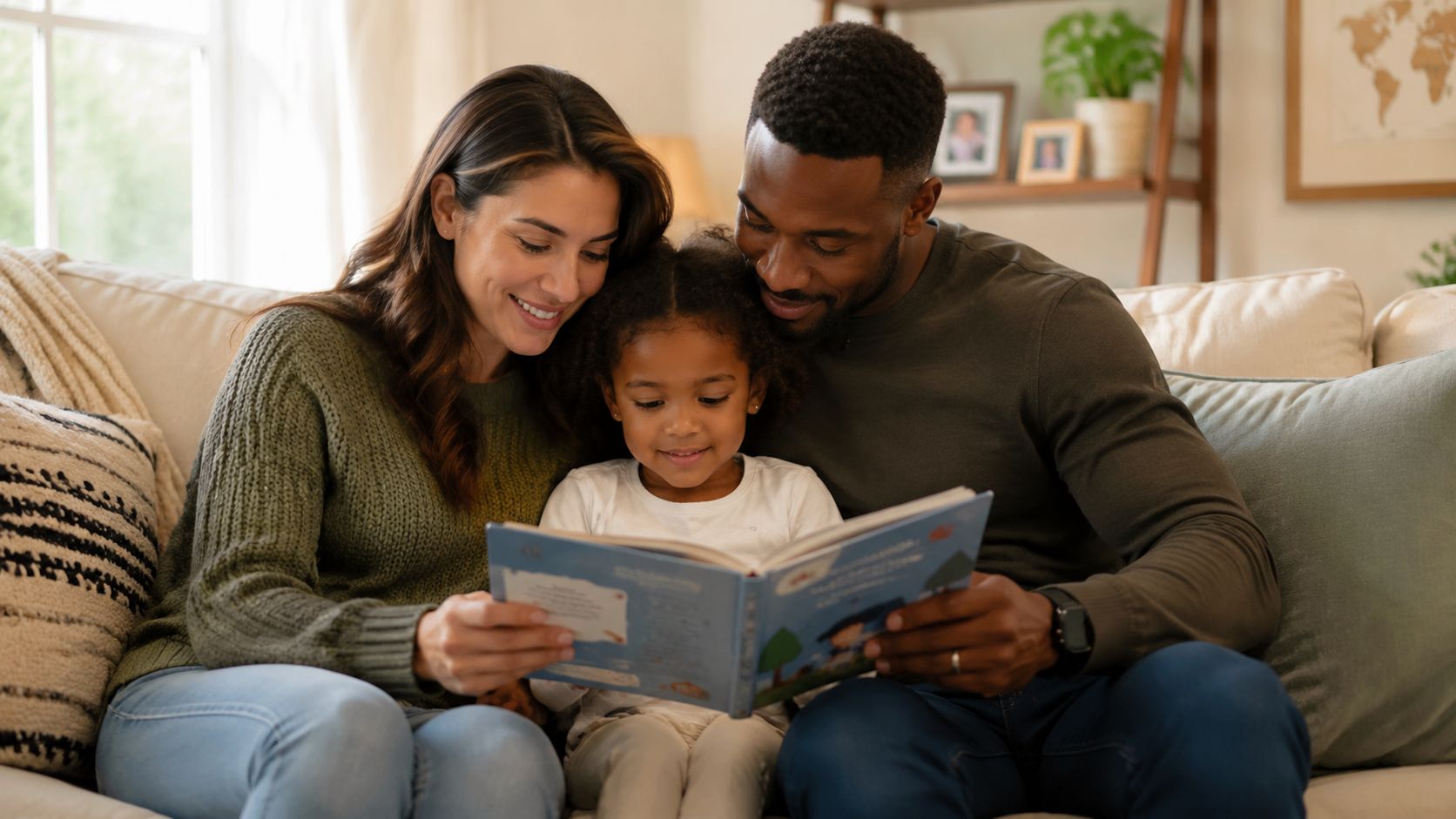 A happy multiracial family sitting on a couch reading a children's book together at home.