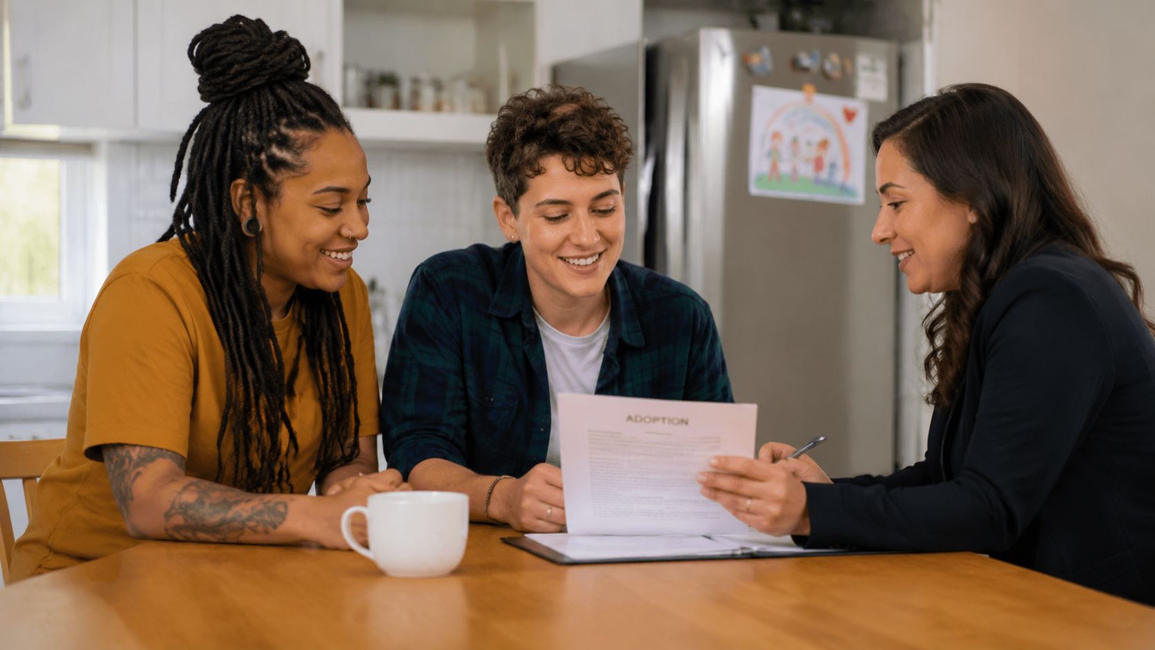 A diverse couple sitting at a table discussing adoption paperwork with a professional consultant at home.