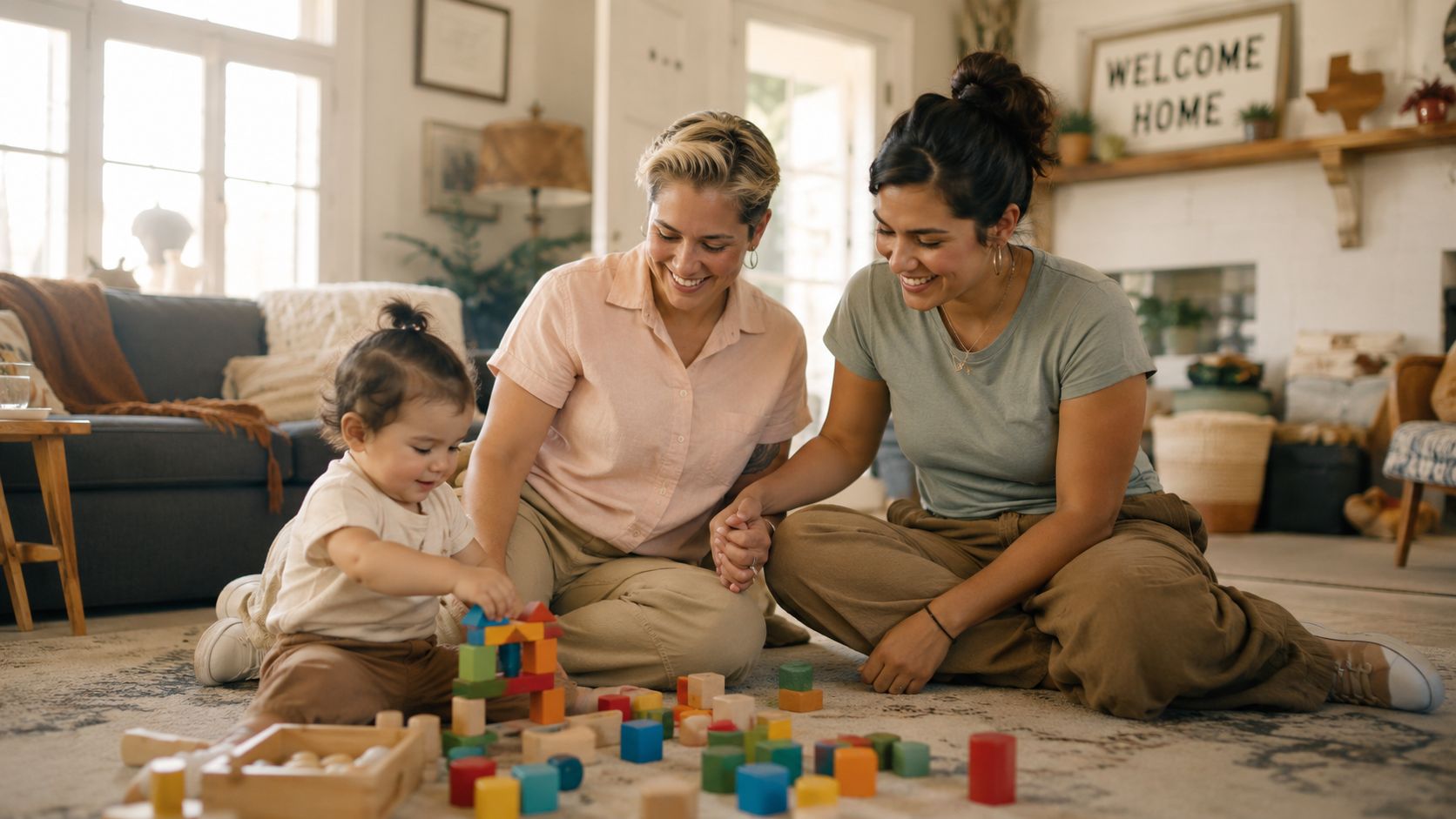 A diverse same-sex couple watches their toddler play with colorful building blocks on a living room rug.