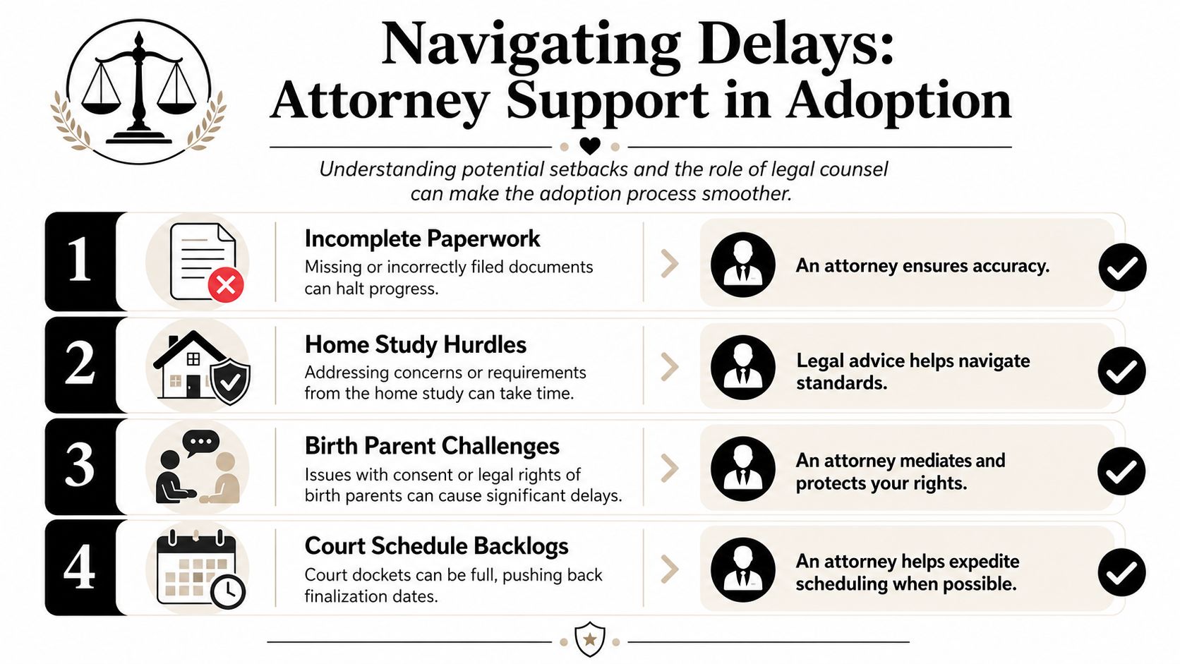An infographic showing four common adoption delays and how an attorney helps navigate each legal hurdle.