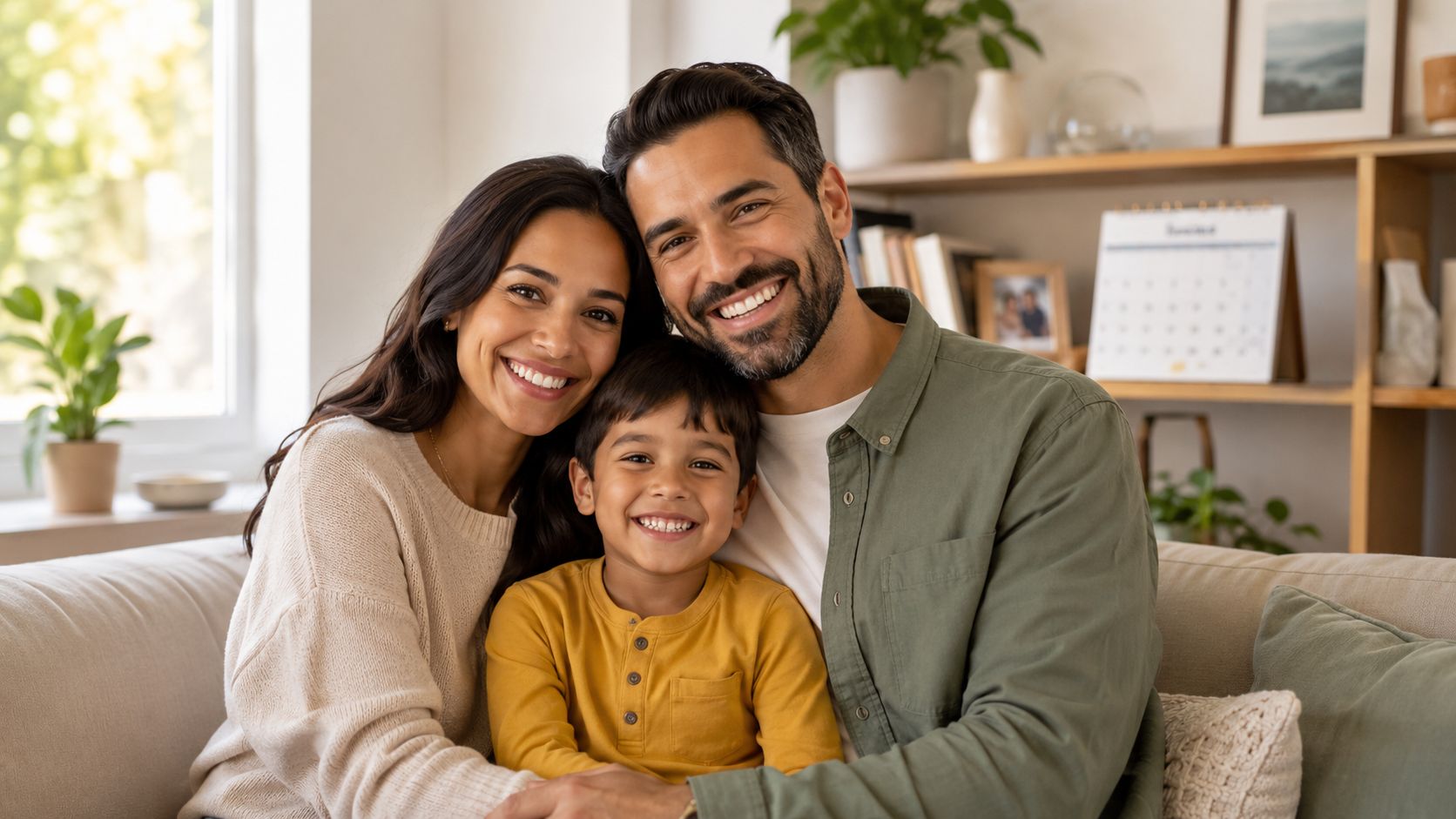 A happy young family including mother, father, and son sitting together on a comfortable home sofa.
