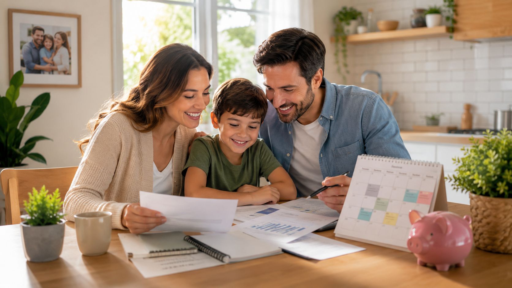 A happy family of three reviewing financial documents and planning their budget together at the kitchen table.
