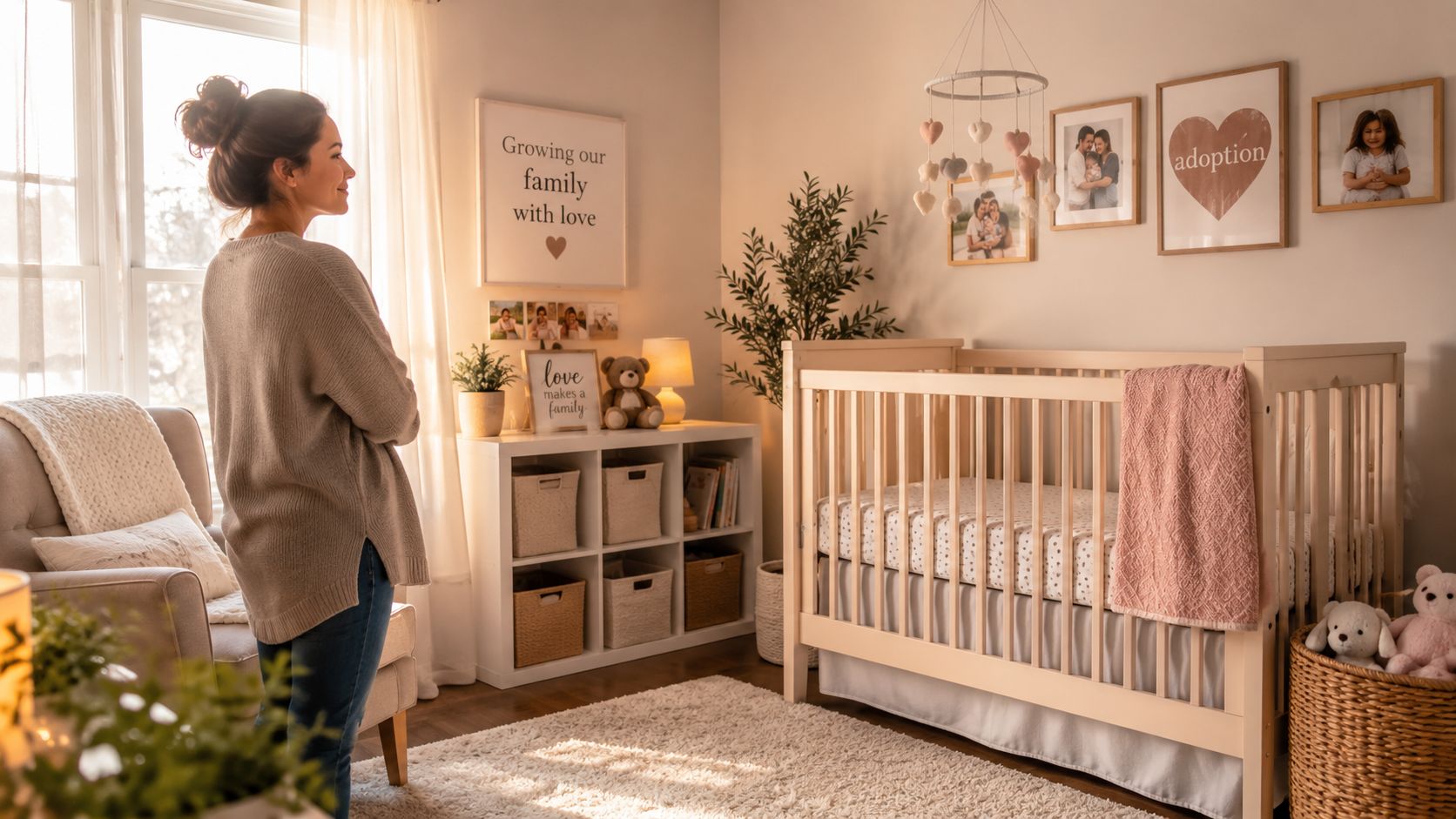 A mother stands in a warm, beautifully decorated nursery preparing for an adopted child's arrival.