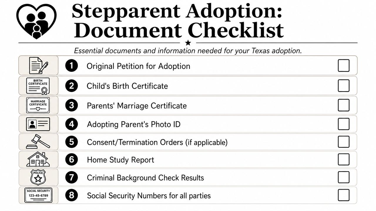 A document checklist for stepparent adoption in Texas featuring eight essential legal requirements and documentation items.