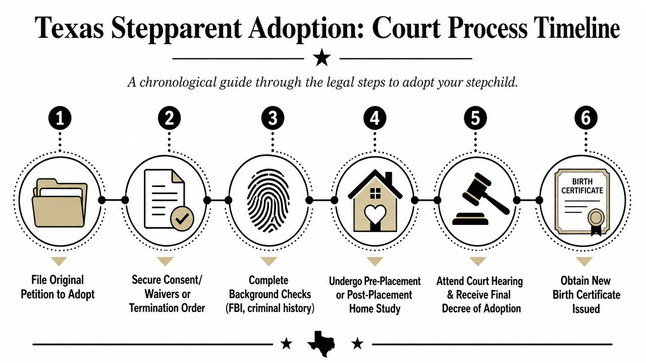 A six-step chronological infographic showing the legal court process for a stepparent adoption in Texas.