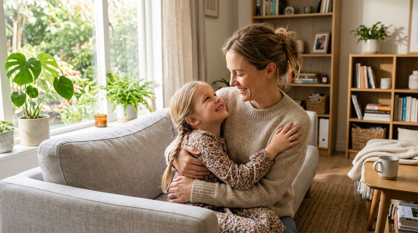 A happy mother and young daughter sharing a warm hug while sitting together on a couch.