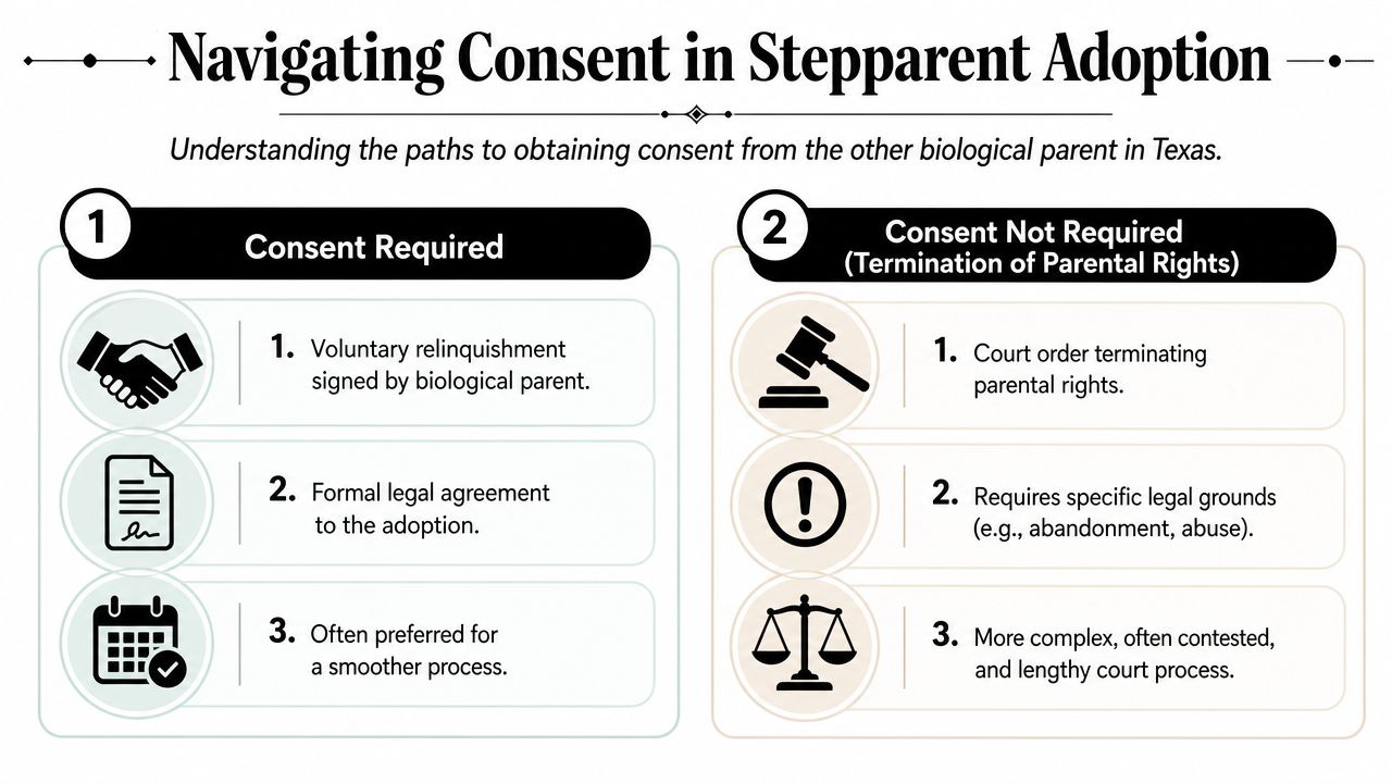 An infographic titled Navigating Consent in Stepparent Adoption outlining requirements for and without biological parent consent in Texas.