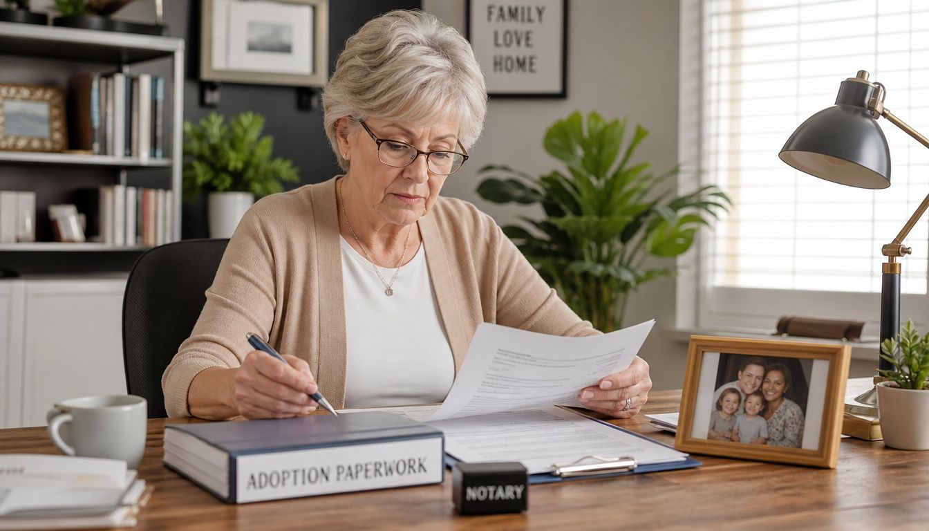 A professional woman reviews adoption paperwork at her desk, with family photos nearby in a home office.
