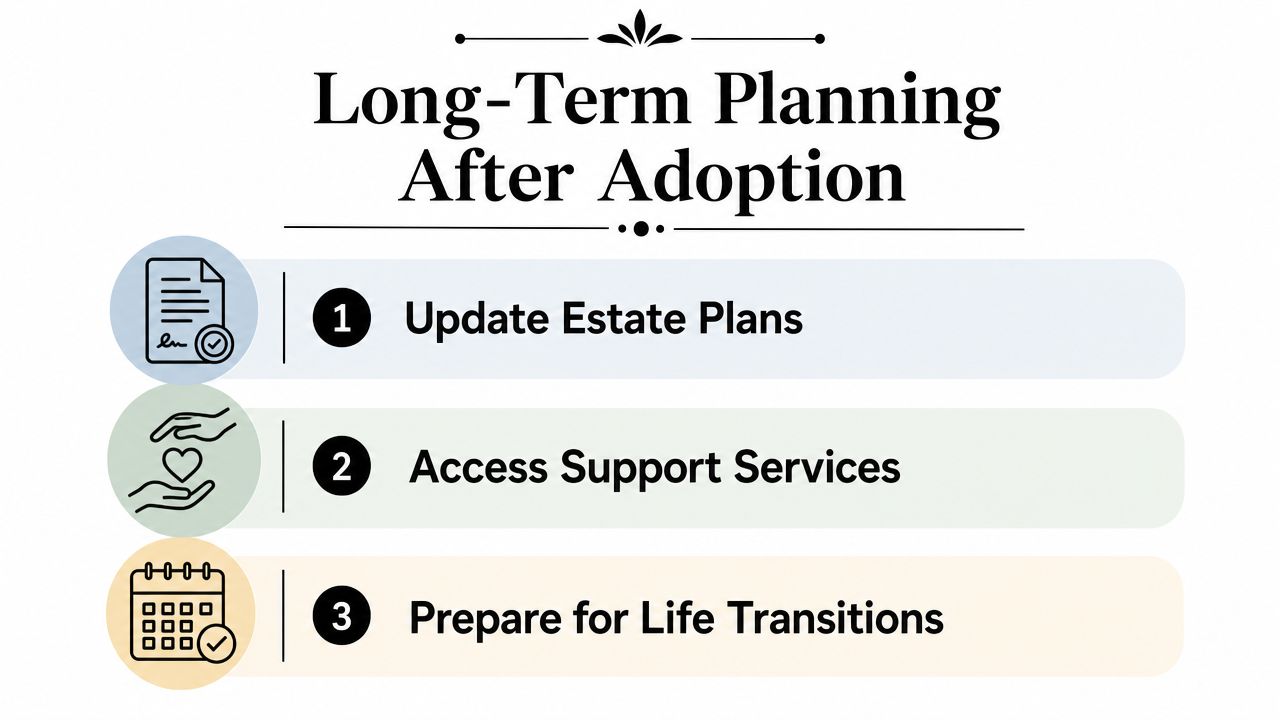 A list with three points about long-term planning after adoption, including updating estate plans and accessing support services.