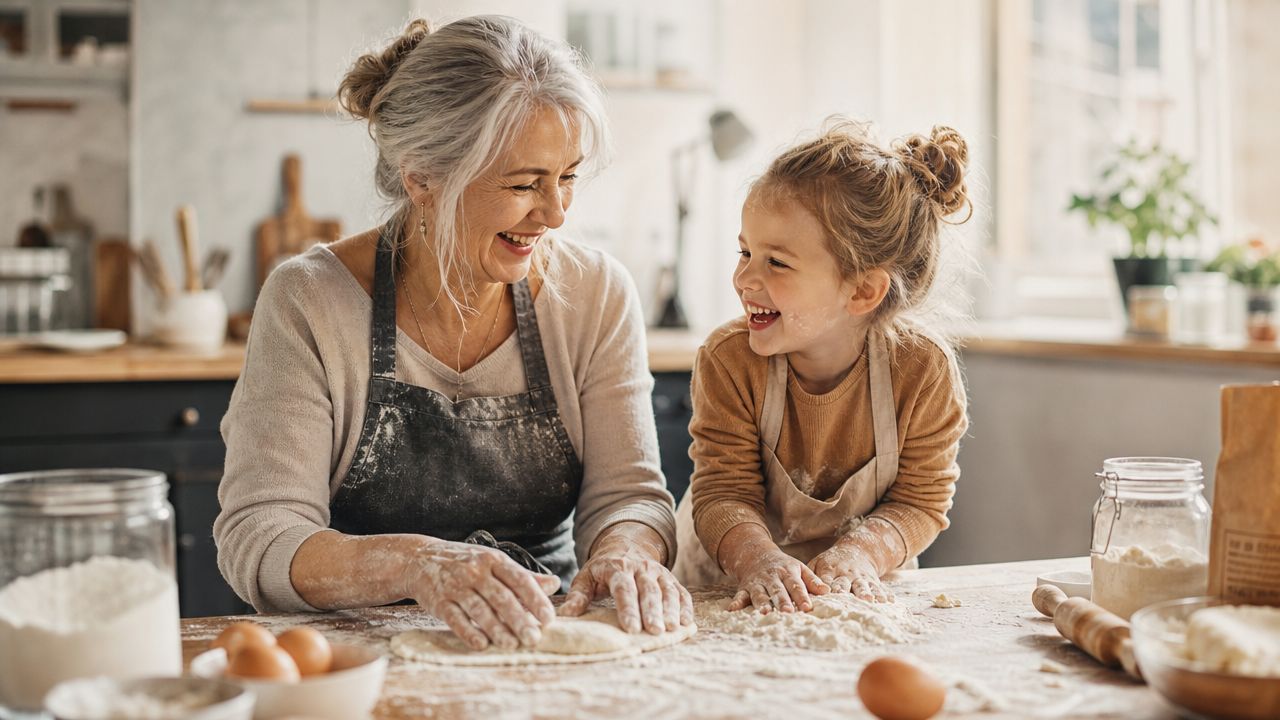 A happy grandmother and her granddaughter smiling while baking and kneading dough together in a kitchen.