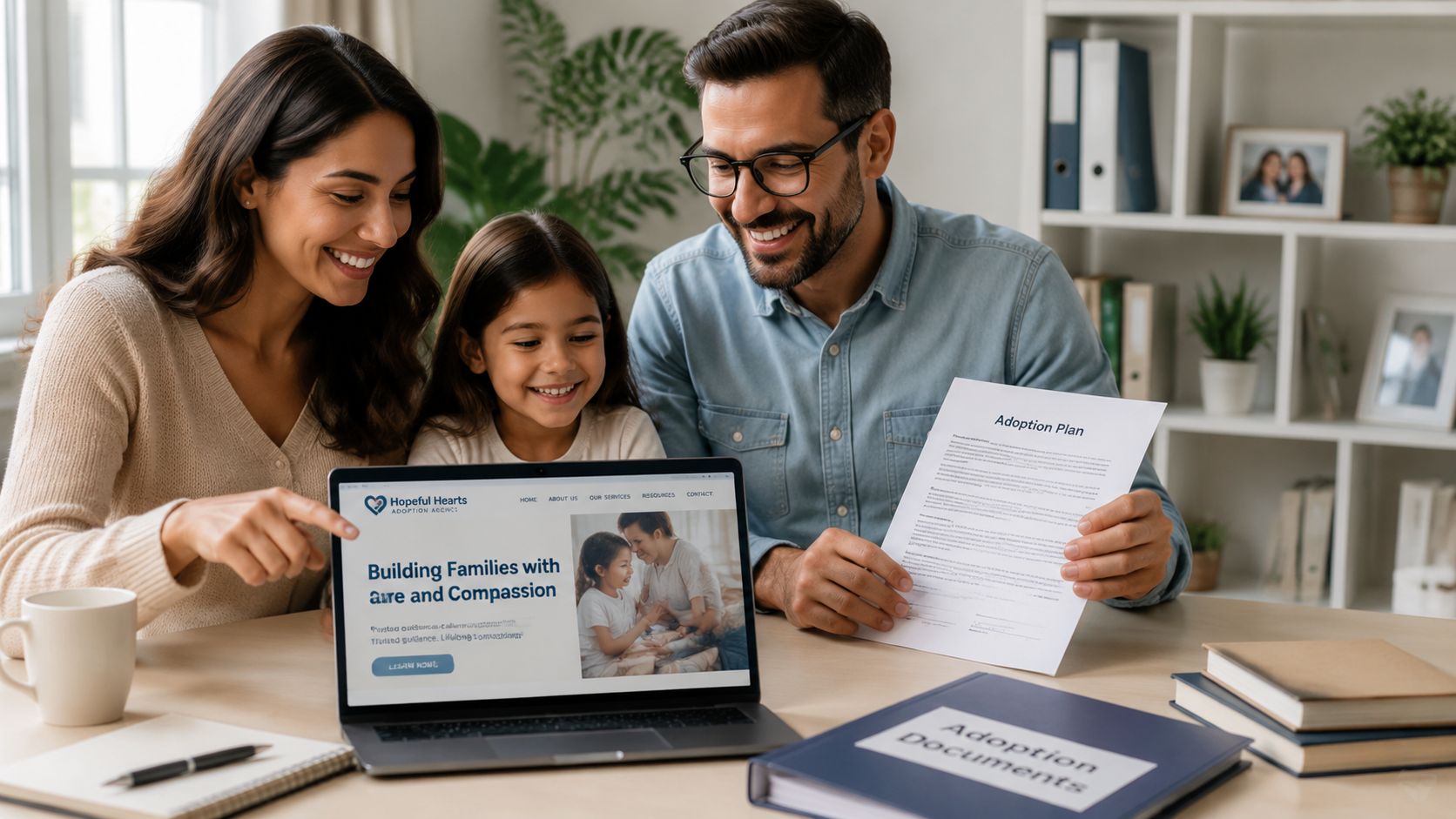 A smiling family looking at an adoption plan document and a laptop screen together in their home office.