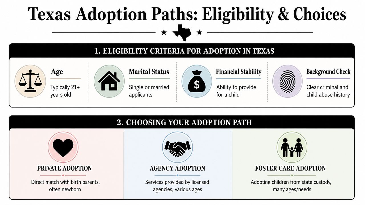 An infographic titled Texas Adoption Paths outlining eligibility criteria and different adoption methods for prospective parents.