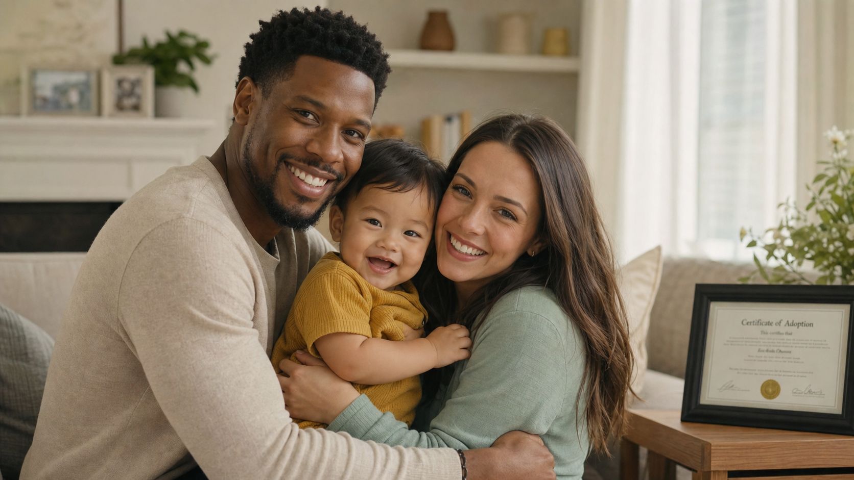 A happy multiracial couple embracing their baby while a framed certificate of adoption sits nearby.